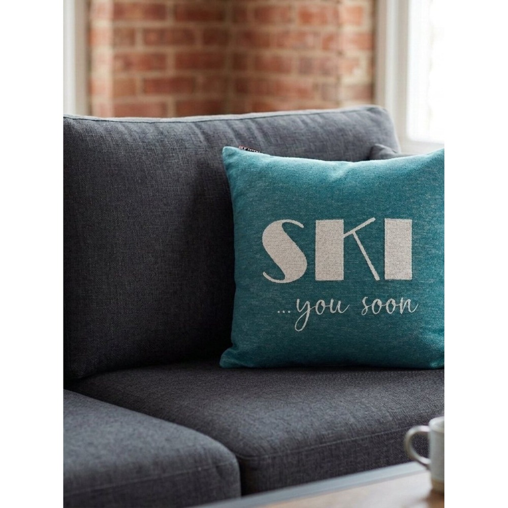 David Fussenegger Ski You Soon Teal Blue Cotton Blend Throw Pillow Austria